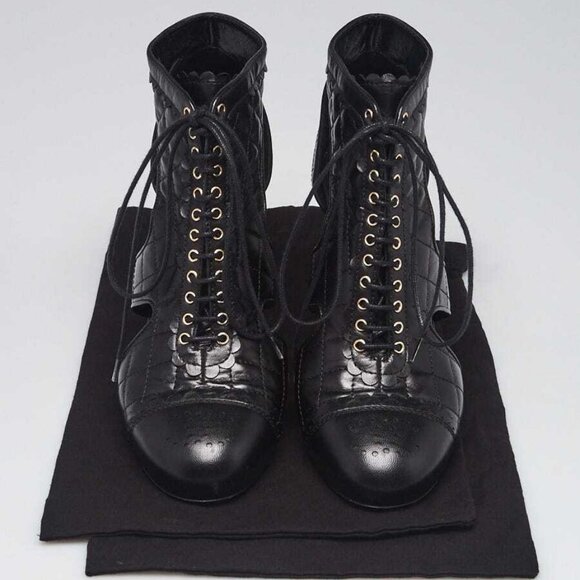 Chanel Black Quilted Leather Lace Up Cut Out Heels Size 7.5/38 - Picture 1 of 5